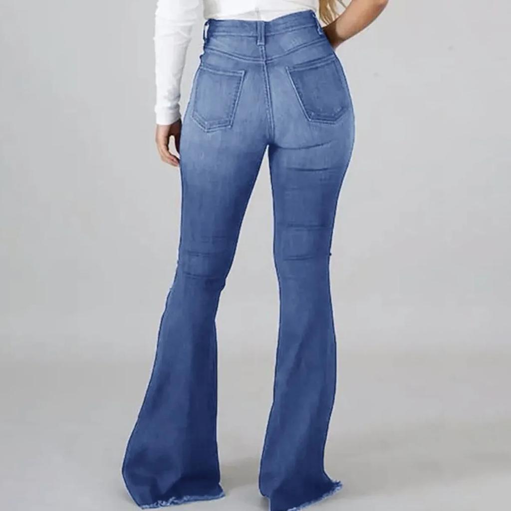 Plus Size High Stretchy Ripped Flared Jeans Zipper Fly Floor Length Casual Solid Color Daily Fashion Street Pants