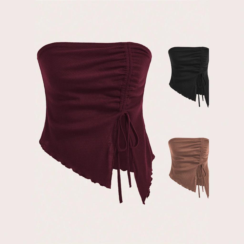 European and American Women's Clothing, Summer 2025, New Style, Drawstring Slit, Irregular, Waffle, Slim Fit Strapless, Vest Top