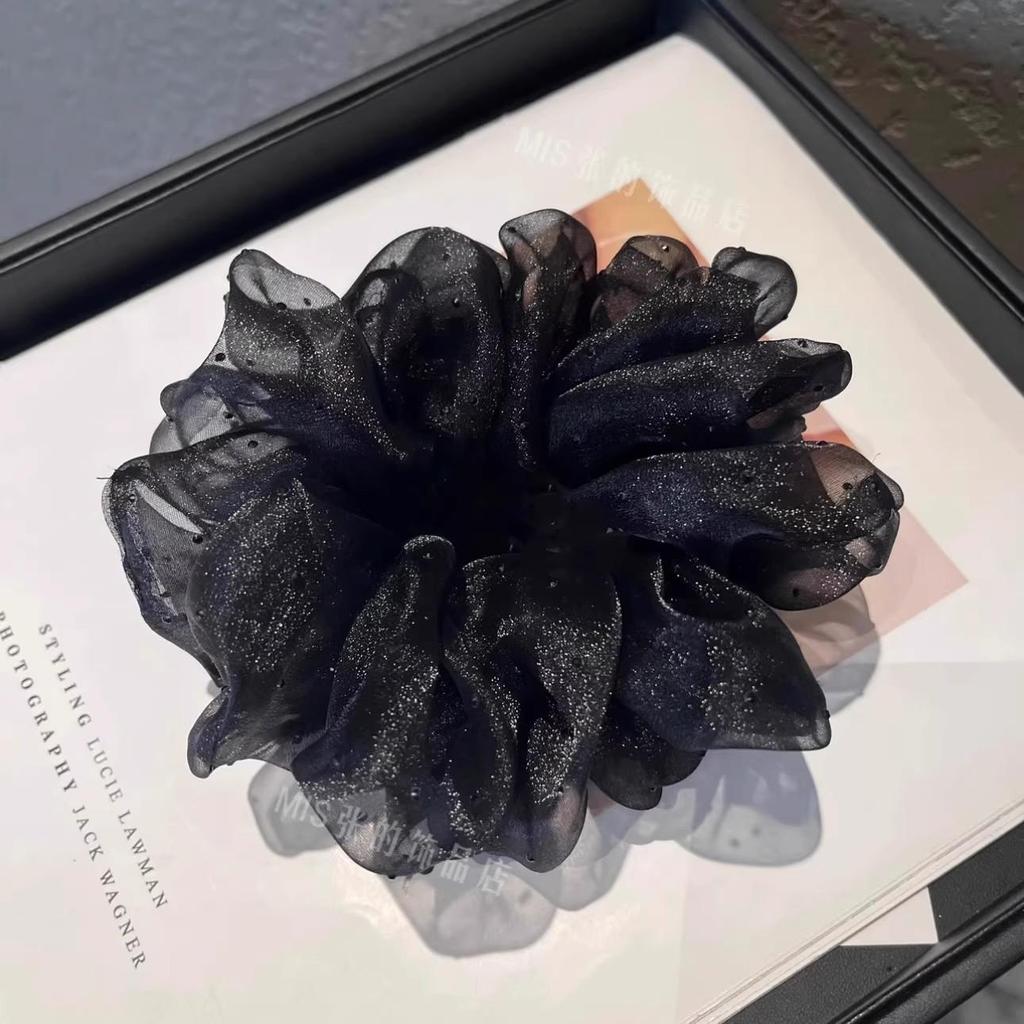 Korean Rhinestone Mesh Scrunchie: Elegant Retro Black Hair Tie
