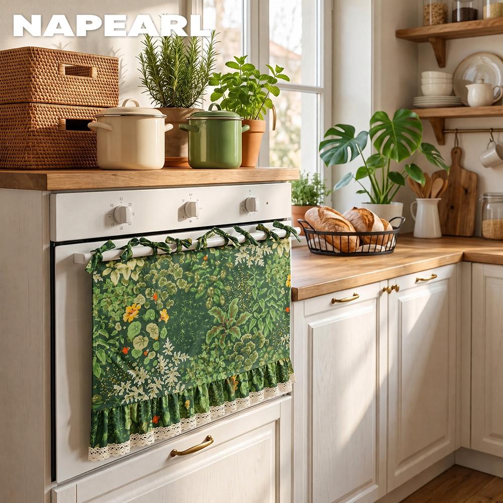 1PC NAPEARL American Countryside Printed Oven Skirt, Lotus Leaf Lace Edge Decorative Oven Door Curtain for Kitchen Home Decor