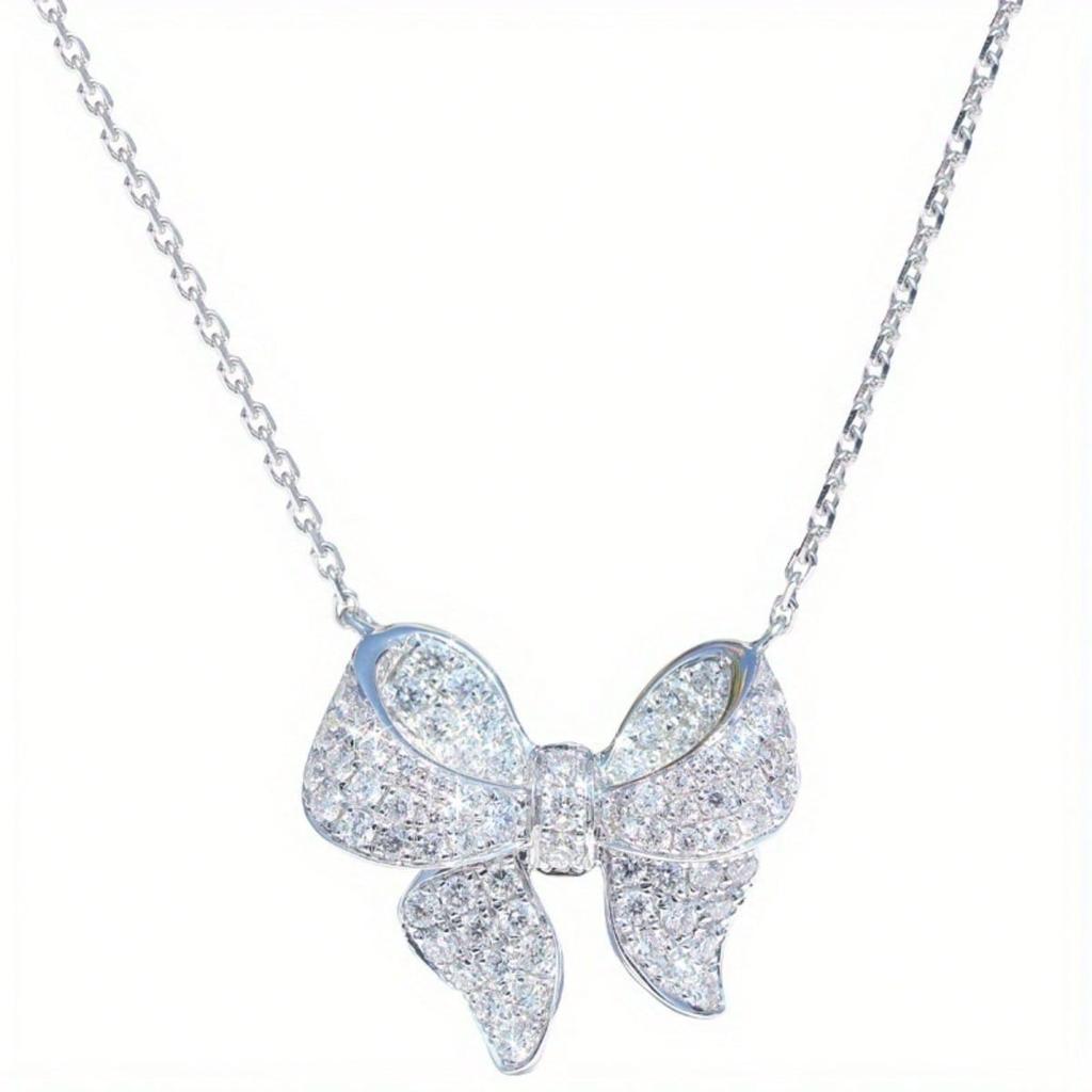 1pc Women's Elegant Bow Synthetic Zircon Pendant Necklace, Engagement Necklace, Women's Wedding Anniversary Jewelry Accessories
