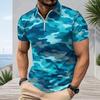 Men Plus Size Short Sleeve Quarter Zip Collared Blue Camouflage Printed Polo Shirt