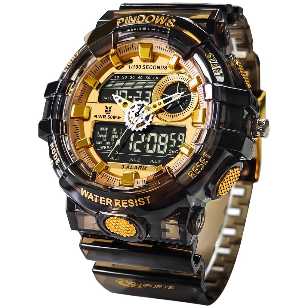 PINDOWS Military Outdoor Sports Electronic Date Multifunction LED Alarm 50m Water Resistant Analog Digital Display Men's Watch, Watch, Watch, Display,