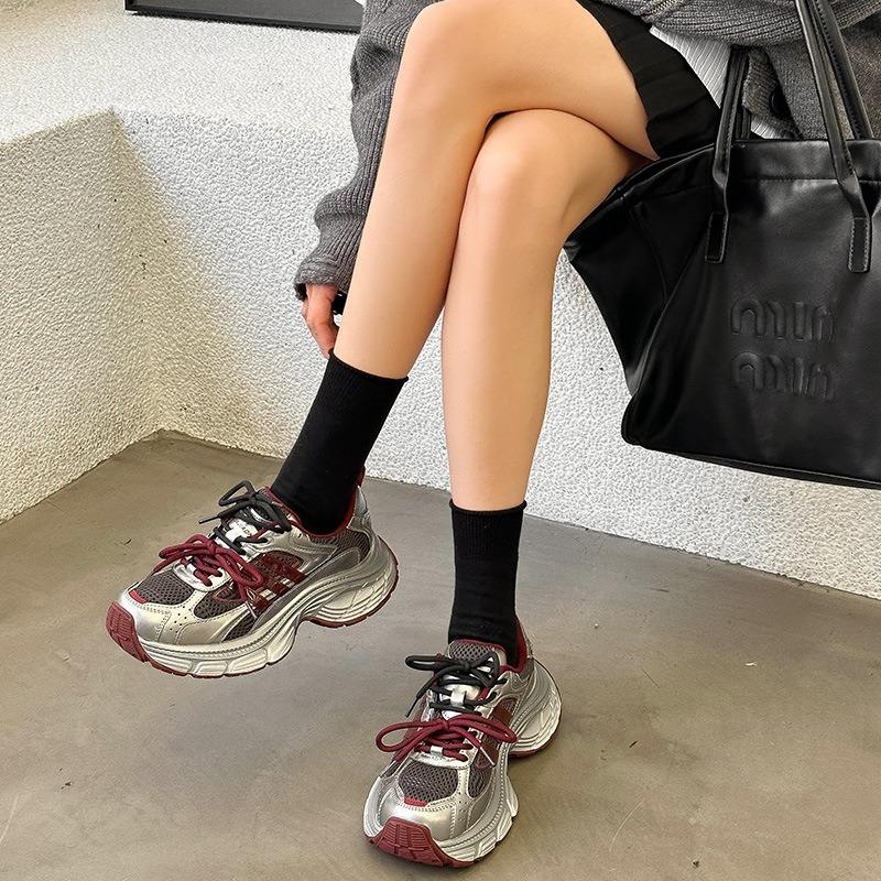 Thick-soled heightening small sports shoes women's spring new leather splicing mesh breathable casual dad shoes