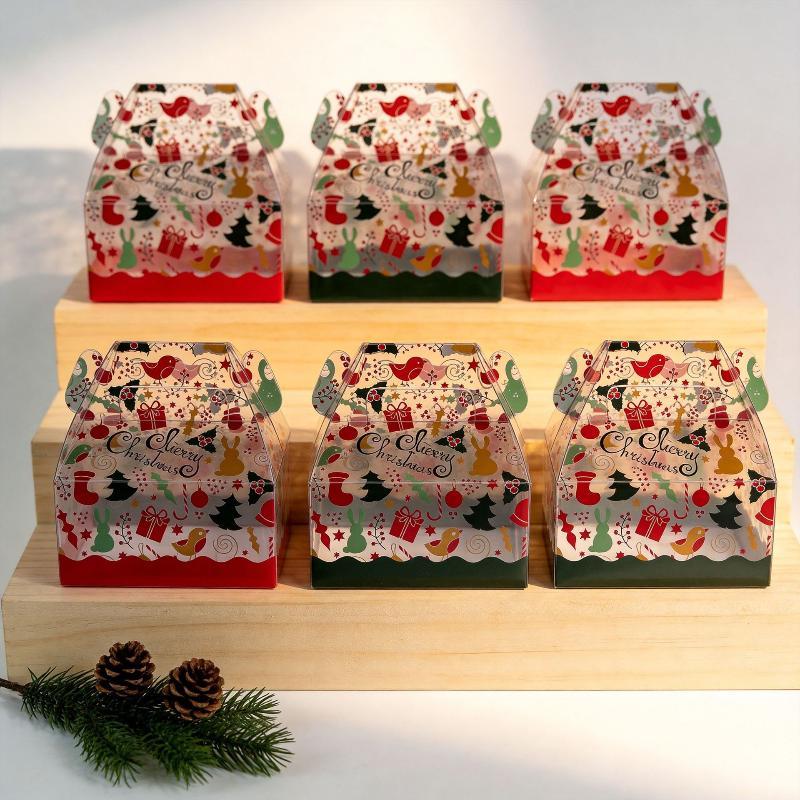 10 Stück Weihnachten Transparente Geschenkboxen mit Griffen, Party Geschenkverpackungsboxen, Leere Geschenkboxen bedruckt mit „Frohe Weihnachten“