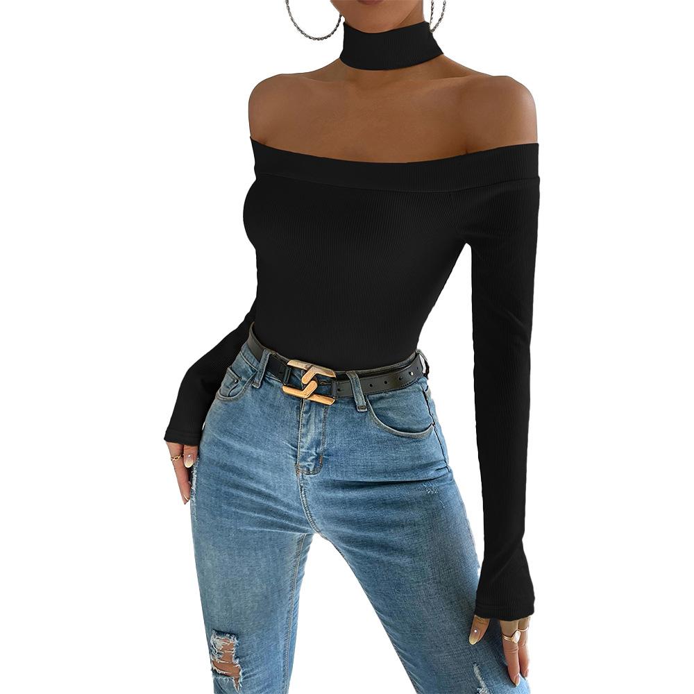 New Women'S Clothing For Autumn And Winter, Sexy Off Shoulder Slim Fit Knitted Long Sleeved T-Shirt, Versatile Top With Temperament