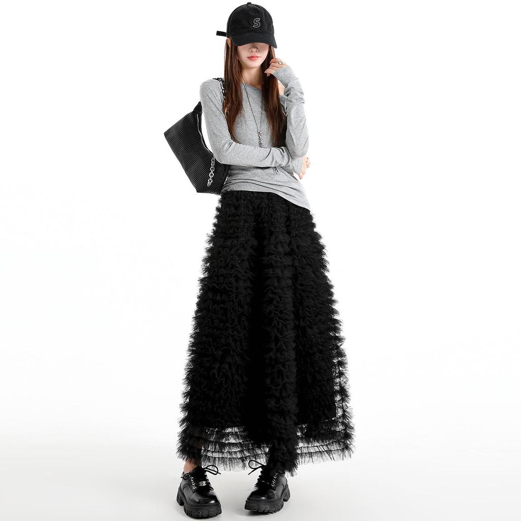 Women's 2026 Spring High Waist A-line Layered Mesh Fluffy Skirt