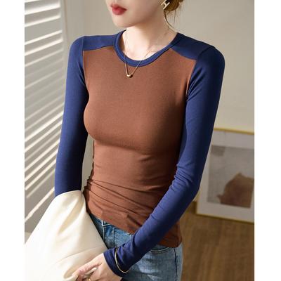 Threaded Cotton Vintage Color-blocking Long-sleeved T-shirt for Women In Autumn and Winter New Slim Fit Inner Top Base Shirt