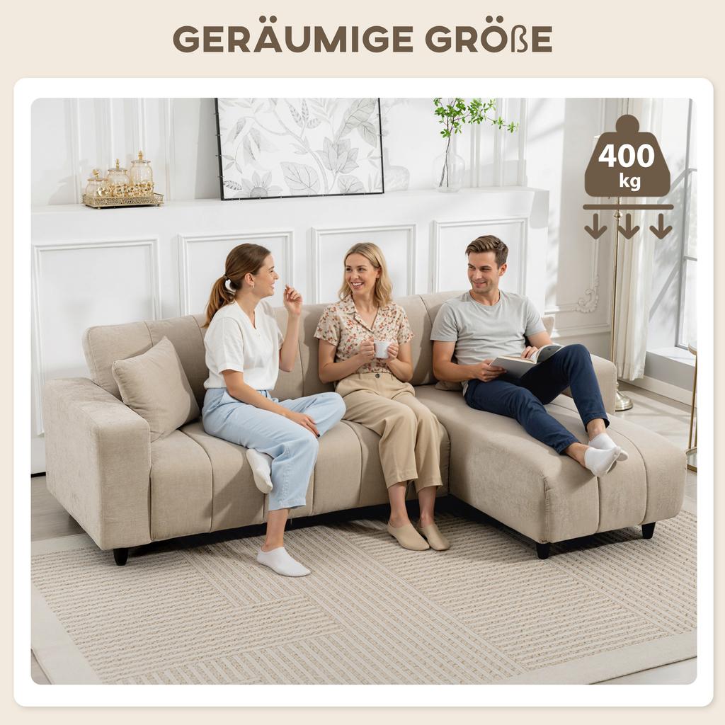 Corner Sofa, Reversible Chaise Longue, Cushions, 242 x 156 x 87 cm, Beige