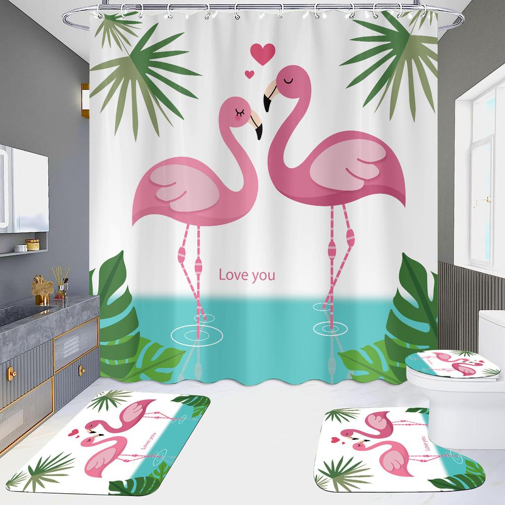 Pink Flamingo Printing Shower Curtain Set For Bathroom Non Slip Lovebird Bath Mat And Curtain Set Bath Rug Toilet Carpet