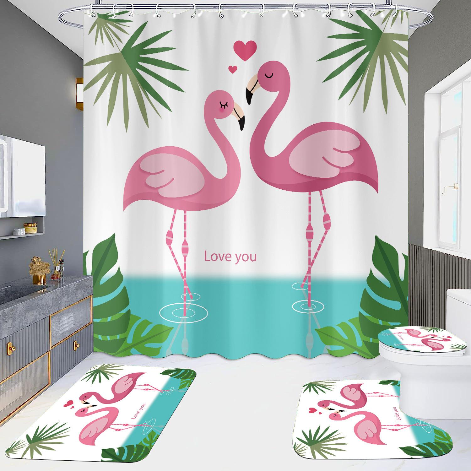 

Набор штор для душа с принтом розовых фламинго для ванной комнаты, нескользящий коврик для ванной с неразлучниками и набор штор, коврик для ванной, коврик для туалета 3pc Mat No Curtain