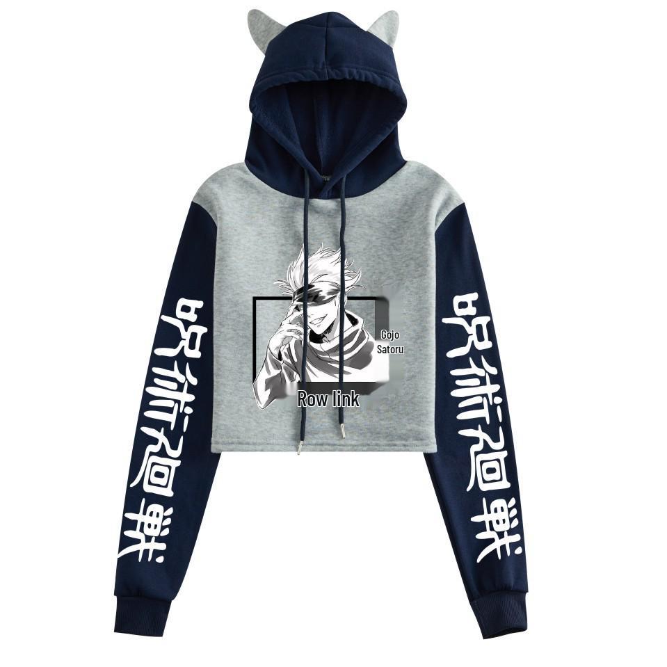 Felpa Crop Top Jujutsu Kaisen 2021 Gojo Satoru con Orecchie da Gatto e Design Color Block