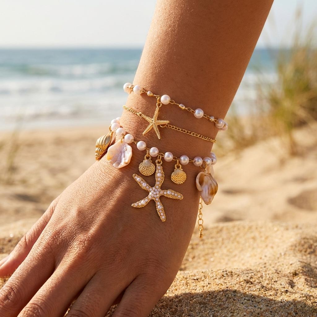 Ocean Style Imitation Pearl Starfish Shell Pendant Bracelet for Women Boho Conch Metal Chain Bangles Summer Beach Party Jewelry