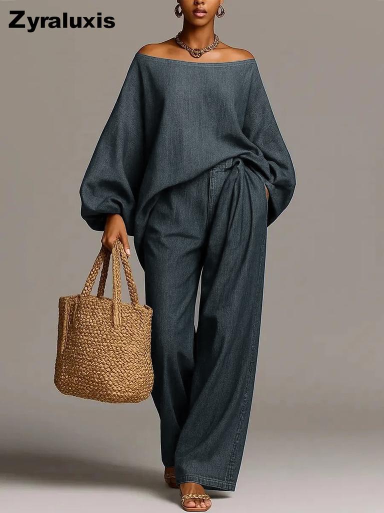 Women's New Fashion Fake Denim One-Shoulder Wide Leg Pants Two Piece Set Outfit