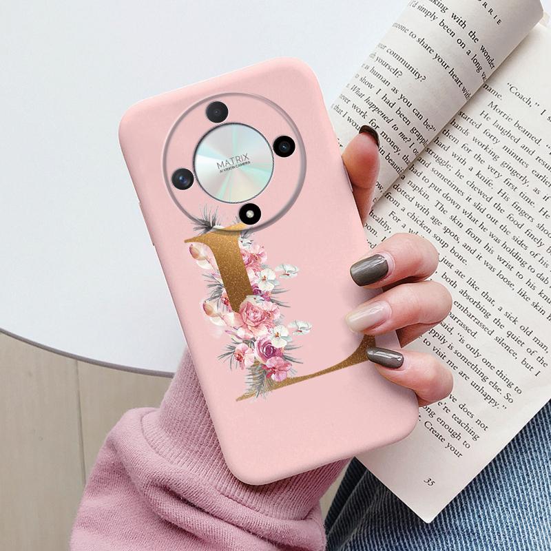 

Letter Phone Case For Honor X9b X9a Magic5 Lite Magic6 Lite 5G Cover Retro Flowers Pink Black Soft TPU Initial Silicone Fundas Honor X9b
