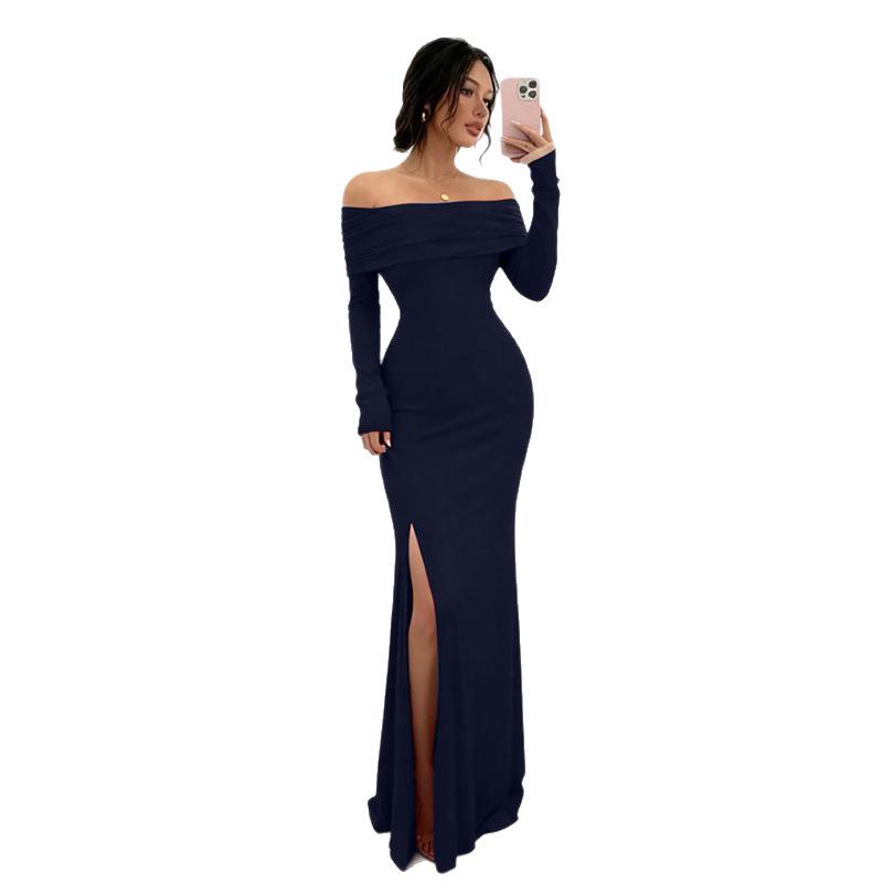 Autumn European & American Women's One-Shoulder Slim-Fit Slit Evening Gown