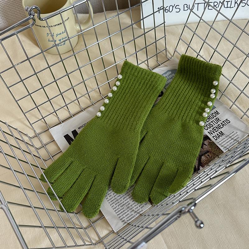 Korean Style Autumn/Winter Pearl Fingerless Touchscreen Wool Gloves for Women