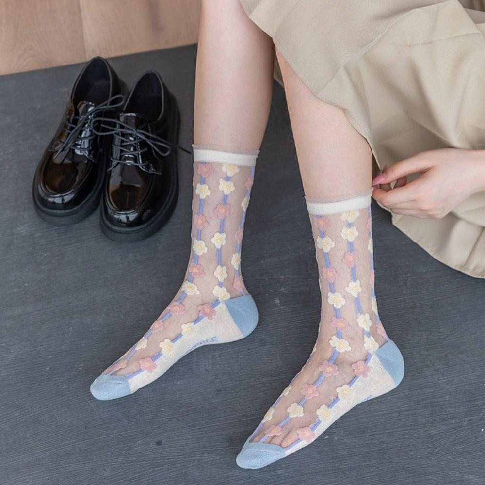 5Pairs Glass Silk Tulle Mid Tube Socks Mesh Sweet Socks Women Soft Transparent Flower Socks  Girl