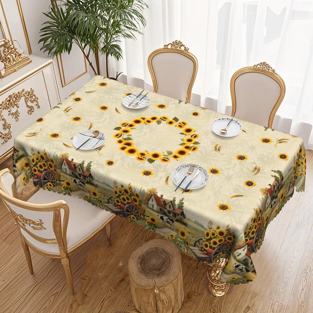 Pastoral Sunflower Farm Tablecloth, Printed Waterproof And Oil-Proof Leave-In Dining Table Cloth, Household Rectangular Tablecloth