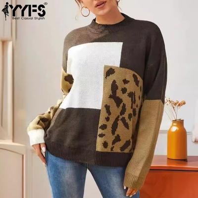 Damenmode Casual Herbst Winter Leopard Print Langarm O-Ausschnitt Pullover