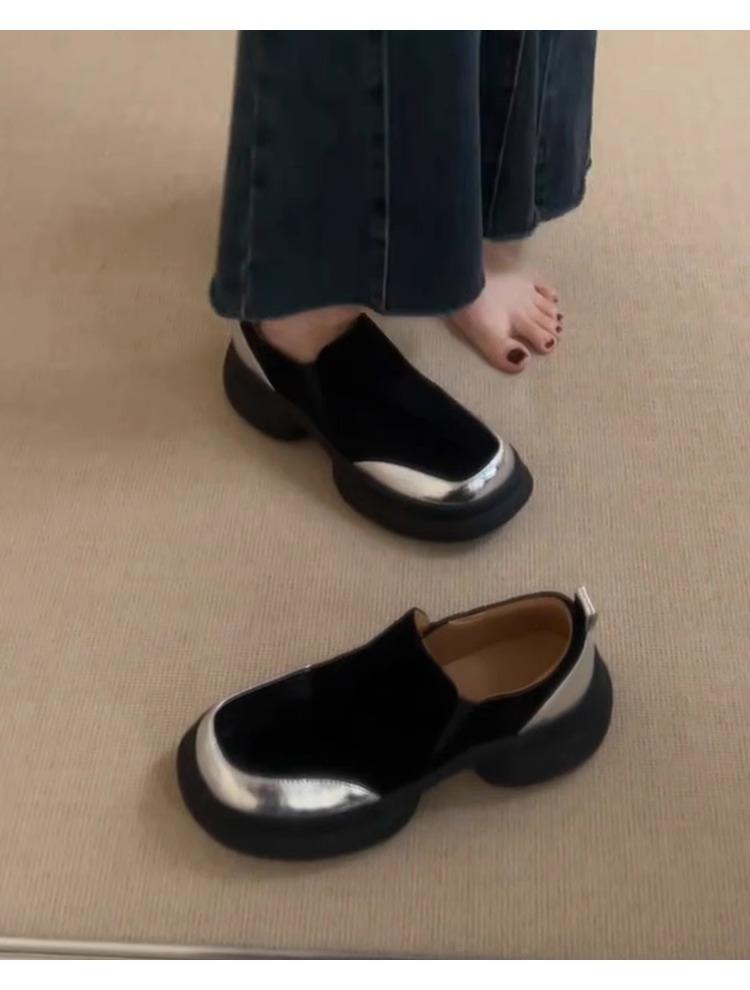 Sheepskin version retro muffin bottom thick sole heightening loafers women's matte leather one pedal round head simple small leather shoes women