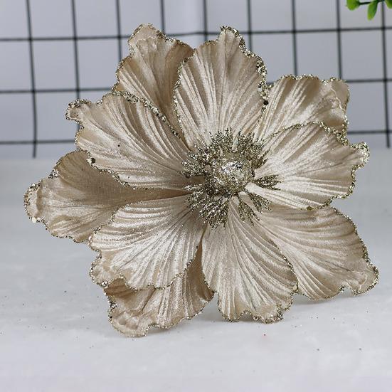 Artificial Christmas Flowers Large Glitter Magnolia Decoration Sparkling Xmas Tree Ornaments Wreath Garland Home Party Decor DIY Crafts