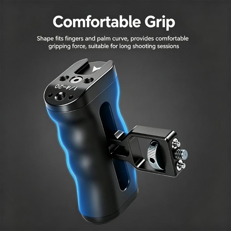 Camera Side Grip Handle with 1/4-20 Locating Pin Support, Textured Grip, Left or Right Mounting for Camera Cage Use, Field Filming, and Content Work