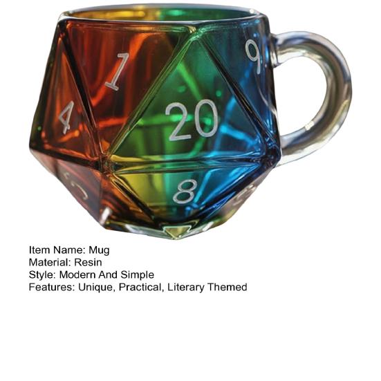 Rainbow Dice Mug Glass Tea Cup Multicolor Funny Coffee Cup Fantasy Themed Home Decor Gift for Dice Lovers
