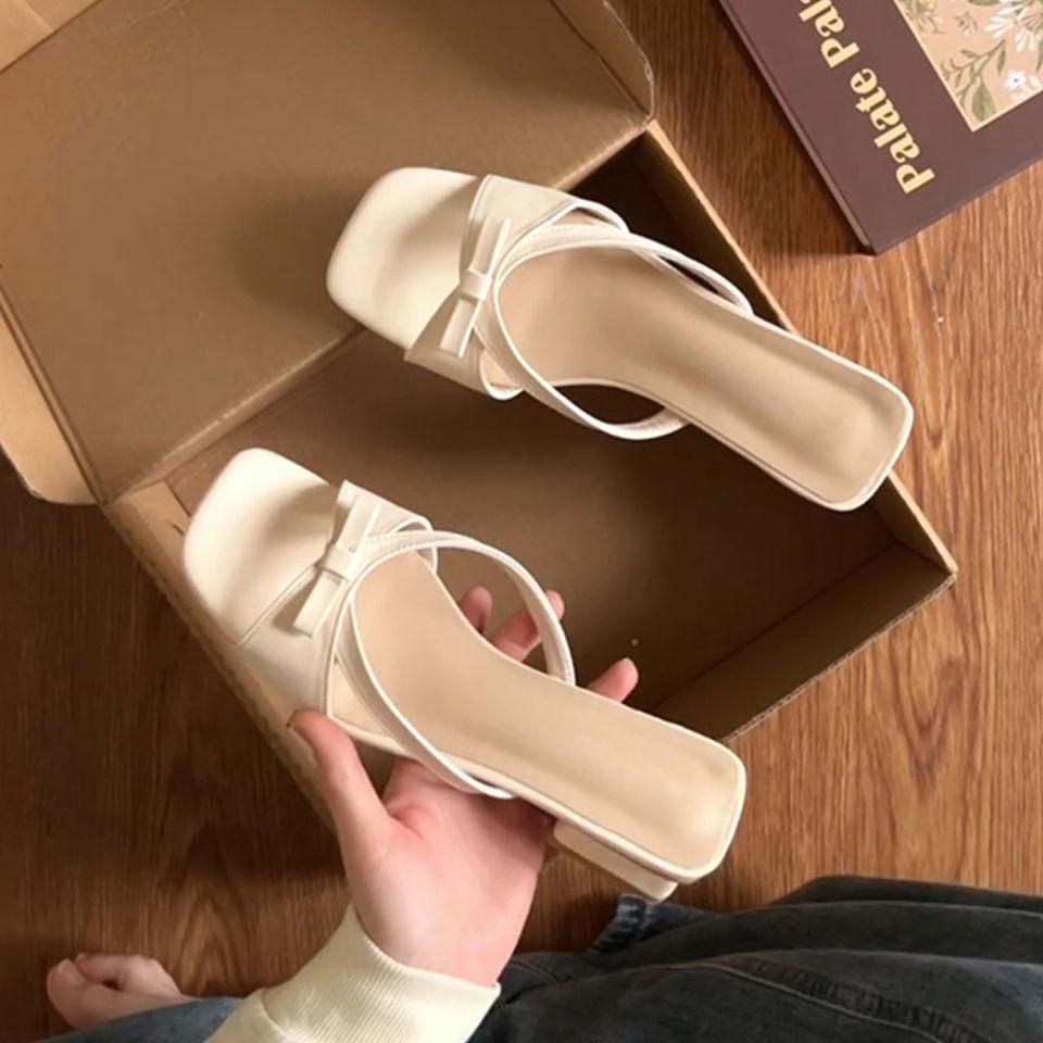 

2025 new summer French gentle bow sandals one pedal thick heel square head open toe white one-word drag women 40 белый