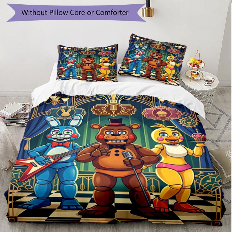3vnt antklodžių užvalkalų rinkinys (1 * Antklodės užvalkalas + 2 * Pagalvės užvalkalas, be šerdies), Five Nights at Freddy's Spausdintas Minkštas Visų Sezonų Patalynės Komplektas, Namų Miegamojo Dekoro Dovana