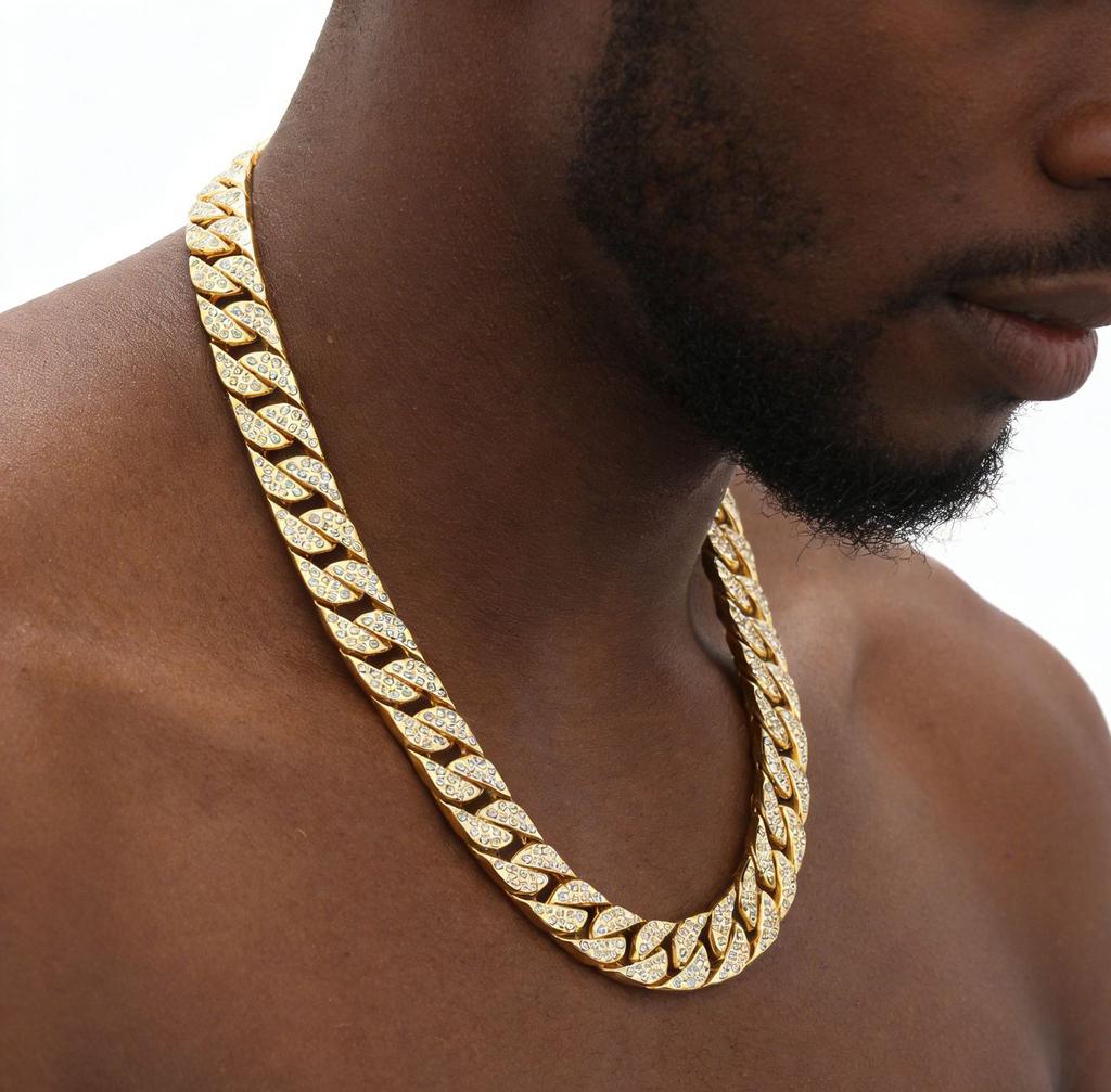 European and American Hip Hop Hipster Cuban Diamond Bracelet, 14mm Fat Chain Men and Women Hiphop Gold-plated Necklace