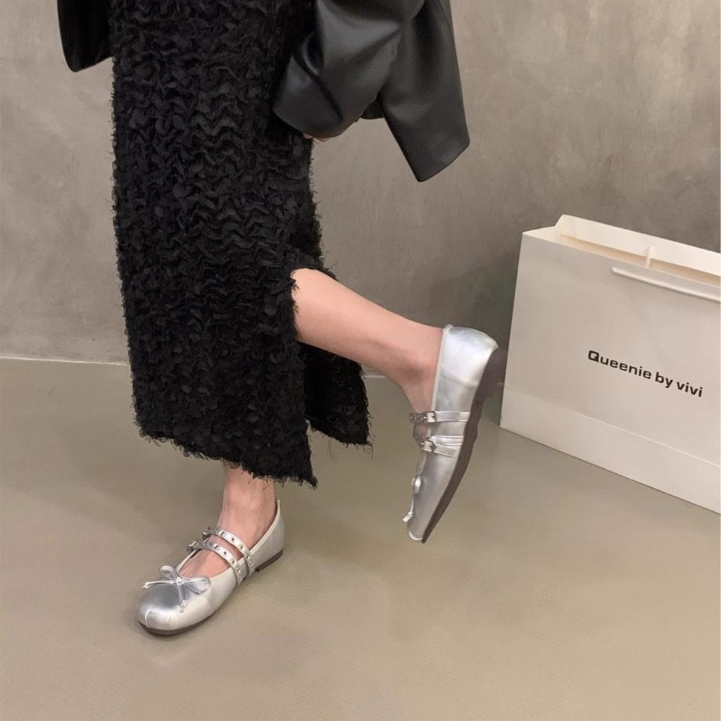 Retro Mary Jane Shoes Women's New Bow Buckle Belt Flat Bottom Inner Height Increase Single Shoes Ballet Leather Shoes