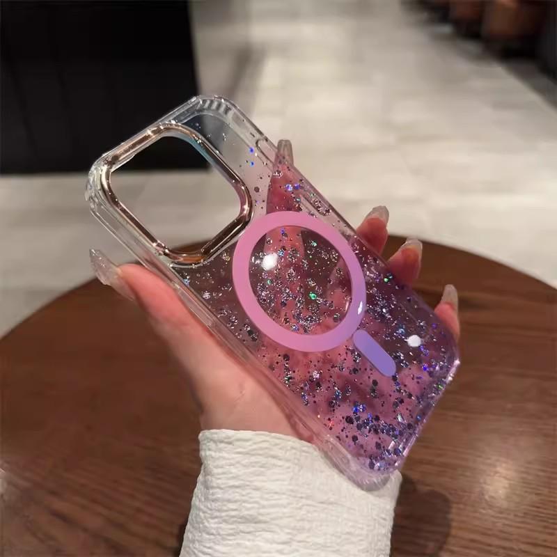 

Блестящая вспышка пудра Подходит для iPhone 16 Магнитная зарядка Чехол для мобильного телефона Apple 15 ProMax Клей-капля 14 Противоударный защитный чехол iPhone16 розовый