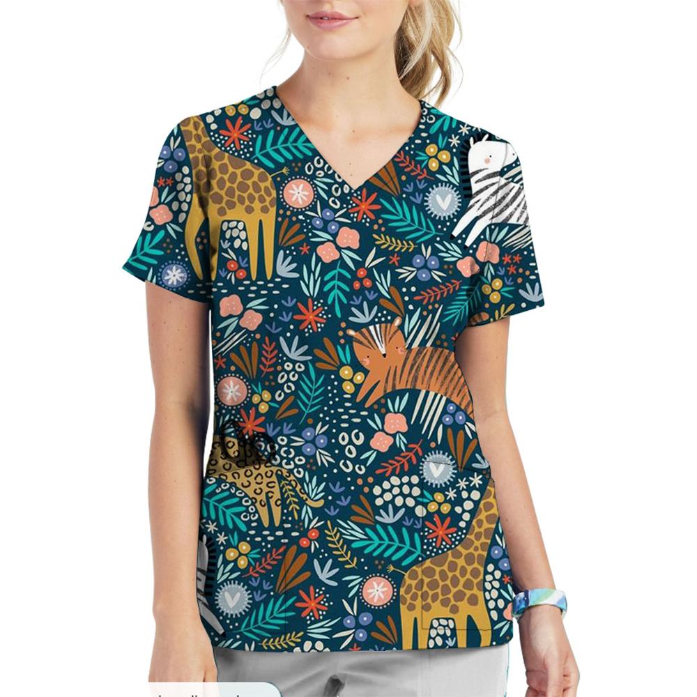 Krankenschwester Uniform V-Ausschnitt Cartoon Katze Hund Muster Bedruckte Oberteile Kurzarm Taschen Damen T-Shirts