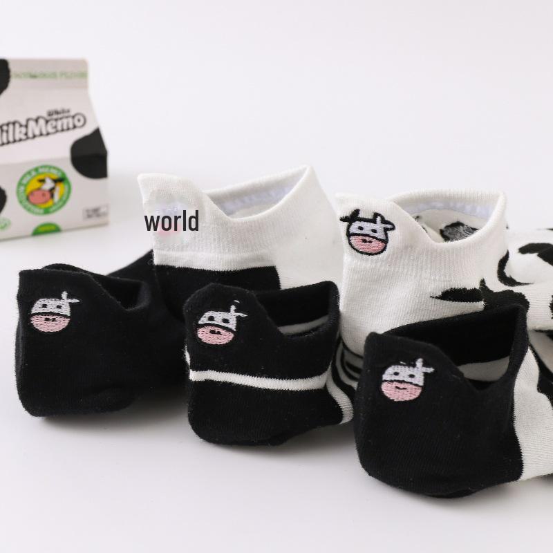 "Calcetines tobilleros de algodón con diseño de vaca bordada a rayas blancas y negras para mujer: calcetines náuticos de estilo universitario para primavera/verano"