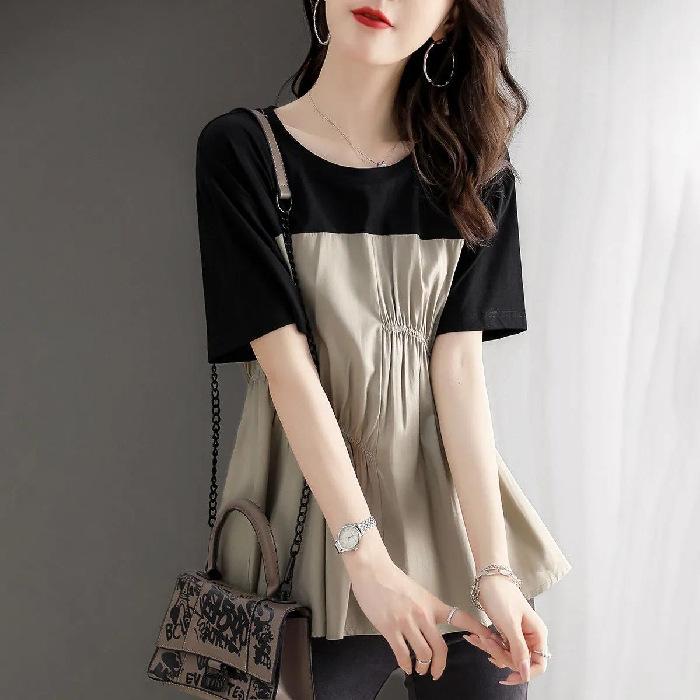 

2025 summer new fashion women s T-shirt temperament casual loose round neck contrasting color splicing top T-shirt women s trend 4XL абрикосовий