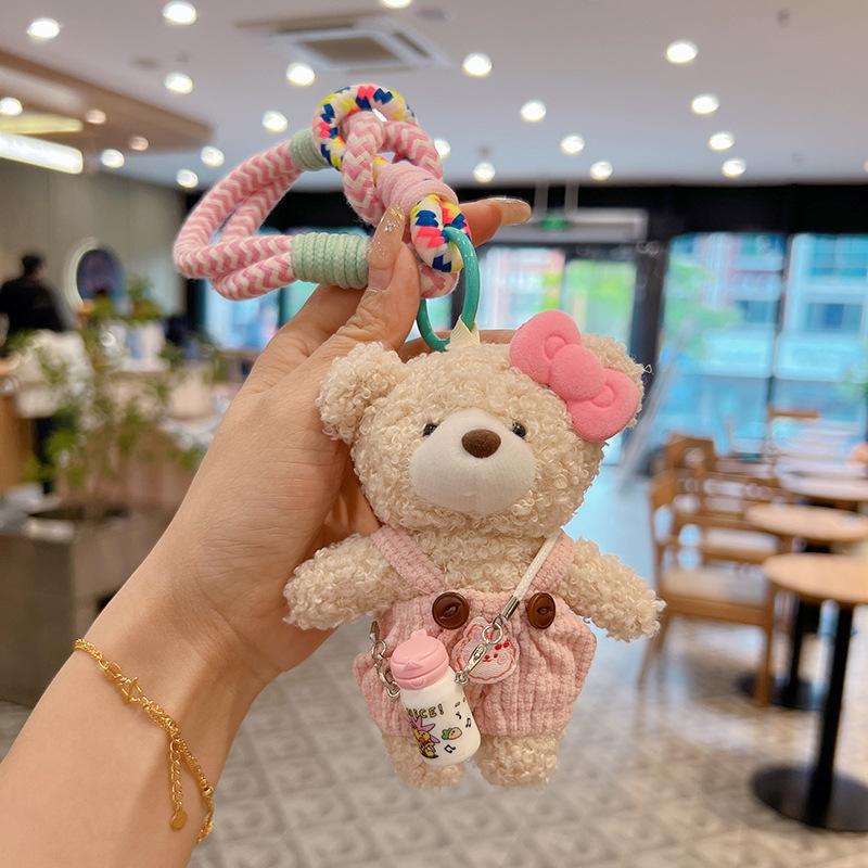 Cute Plush Curly Bear Bag Charm With Bow Pendant Colorful Braided Rope Lovely Stuffed Doll Accessory For Girls Bag Charm