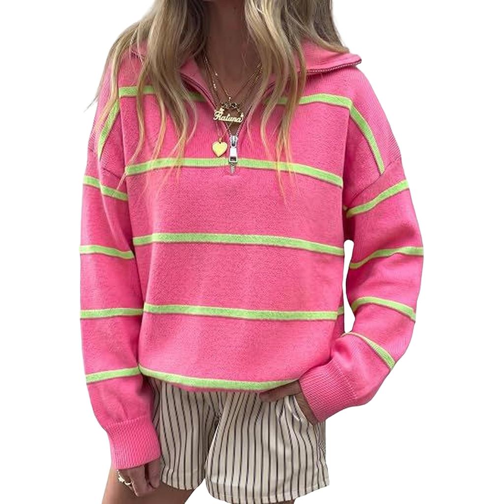 Damen gestreifter Pullover mit Reißverschluss Lässiges Strickoberteil