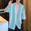 Summer Men Shirt Knitted Color Matching Lapel Elastic Japanese Style Single-breasted Short Sleeves Retro Antu-shrink Casual Vacation Beach Top