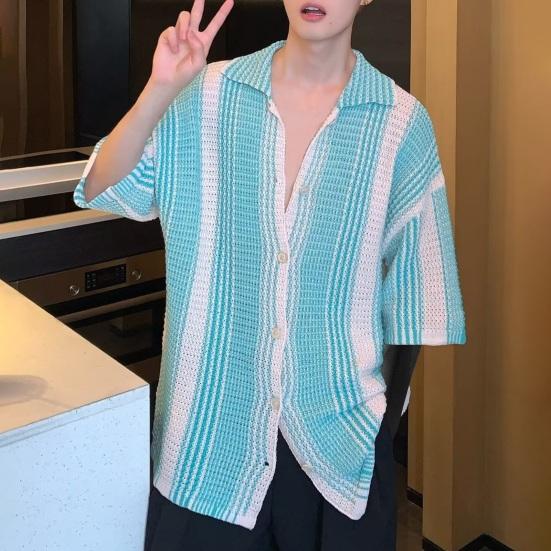 Summer Men Shirt Knitted Color Matching Lapel Elastic Japanese Style Single-breasted Short Sleeves Retro Antu-shrink Casual Vacation Beach Top