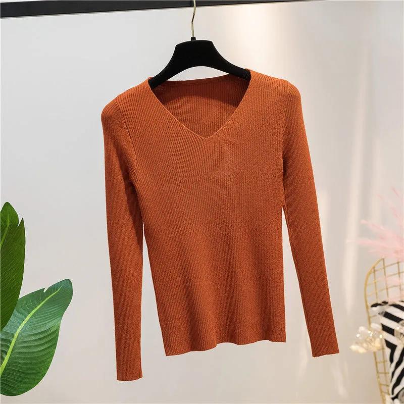 Women Sweater Autumn Long Sleeve Pullover Basic Top Fashion V-neck Elastic Female Winter Solid Knitted Jumper Sweater