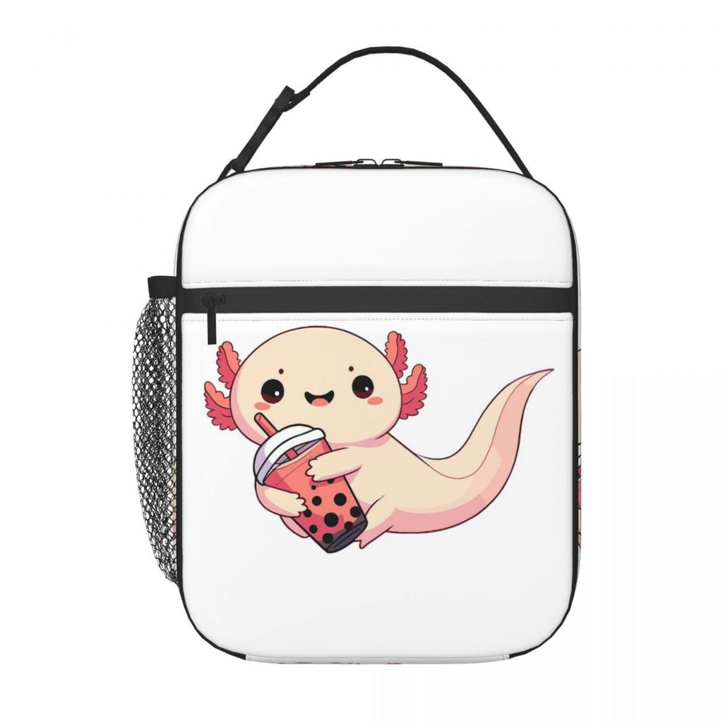 Cute Axolotl Milk Tea Print Insulated Lunch Bag for Women Children Portable Food Boxes Thermal Lunch Box Tote