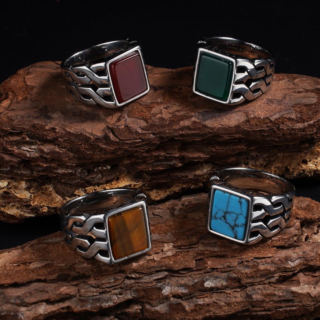 1pc Men's Vintage 316L Stainless Steel Ring with Natural Tiger's Eye Stone Turquoise- Intricate Detailing, Unisex Jewelry