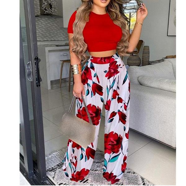 Dámská móda Ležérní kalhoty s krátkým rukávem a kulatým výstřihem