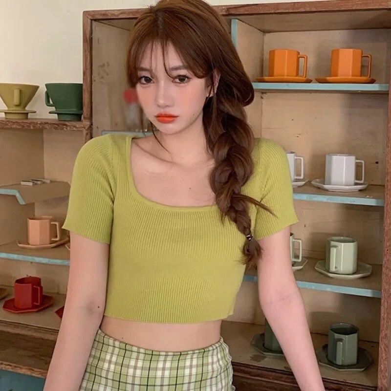 Women's Korean Square Collar Solid Short Sleeve Knitted Slim Pullover T-Shirt
