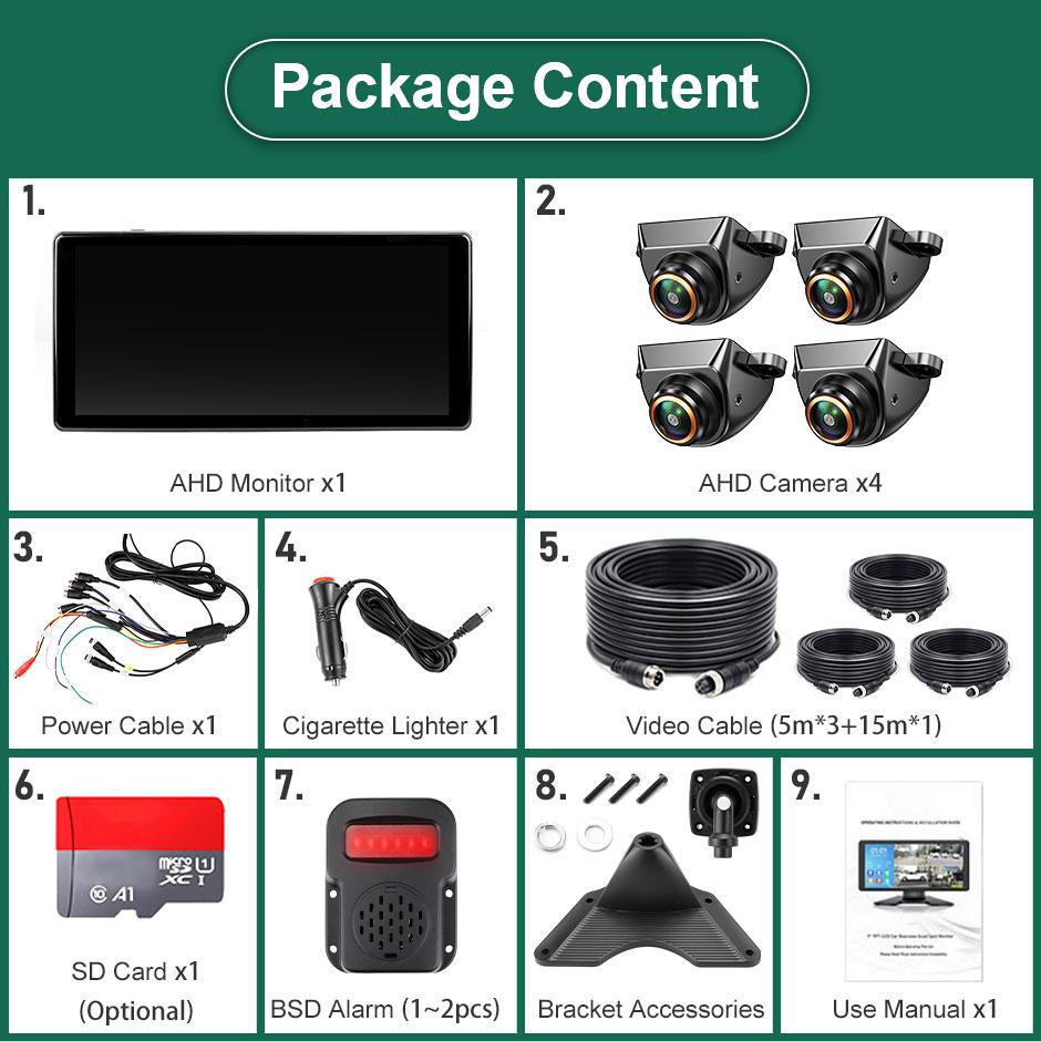 Blind Spot 10.36 Inch IPS Touch Screen WiFi Wireless Apple Carplay Android-Auto 4CH Record DVR Monitor With Mini AHD1080P Camera