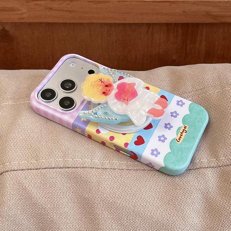 Korean Love Heart Cute Angel Stand Magnetic Phone Case For iPhone 17 Pro 16 15 Pro Max Cover with Holder For Magsafe Kawaii Capa