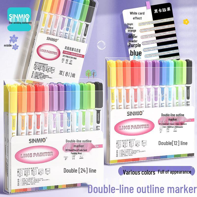 24-Color Glitter Double-Line Outline Pens Set - Fluorescent & Pearlescent Markers for Students, Macaron Series