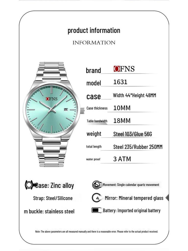 OFNS Classic Unisex Quartz Wristwatch with Calendar, Luminous Hands, 30M Waterproof, Thin Design, High-Value Bar Index.