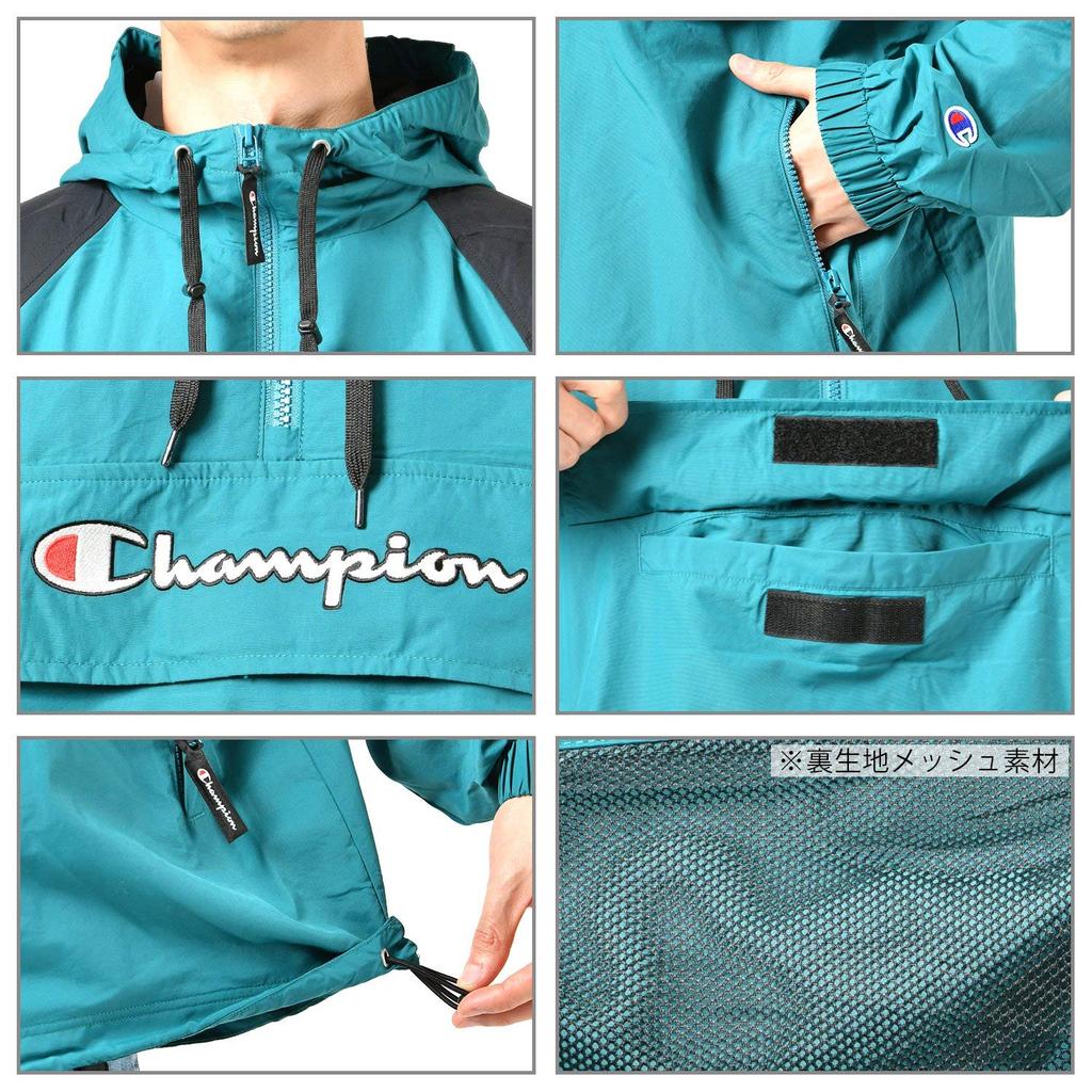 Champion Hooded Anorak Mesh Script Logo Size XL Men's Jacket, Water-Repellent, Lining, Embroidery, Navy, (C3-R603)